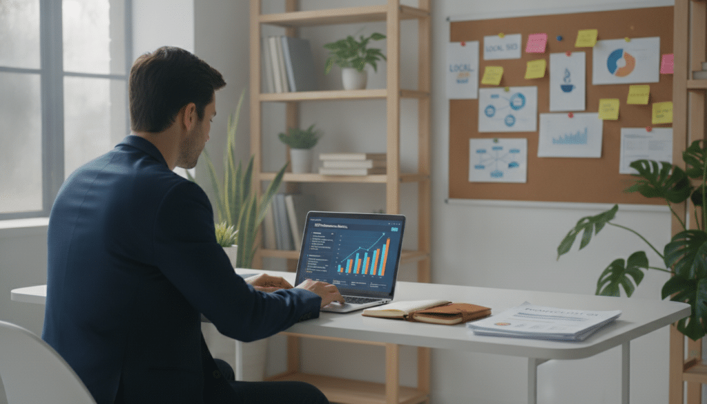 A professional workspace featuring a focused individual, dressed in smart casual attire, seated at a sleek desk covered with a laptop, notepad, and an organized prospect list. In the foreground, the screen displays graphs and flowcharts illustrating SEO metrics and targeted strategies. The middle ground showcases a vibrant bulletin board filled with pinned notes, keywords, and potential client logos, symbolizing the prospecting process. Soft, diffused natural light illuminates the scene from a large window, creating a warm and inviting atmosphere. The background features shelves lined with business books and plants, contributing to a productive and motivating environment. The overall mood should evoke focus, determination, and professionalism, perfect for an SEO client prospect list concept.