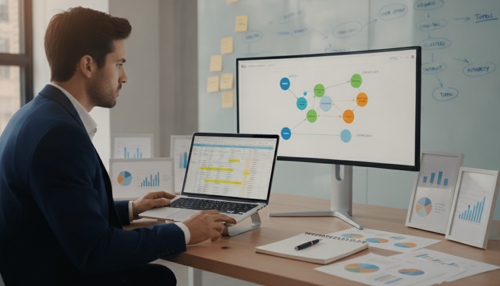 A professional workspace featuring a focused individual in business attire, seated at a modern desk filled with colorful charts and graphs showcasing keyword data. In the foreground, a laptop displays an open spreadsheet with competitor keywords highlighted, and a notepad with handwritten notes is nearby. The middle ground showcases a large monitor displaying a visually striking keyword gap analysis graphic. In the background, a whiteboard filled with brainstorming notes is visible, illuminated by soft natural light coming from a nearby window. The mood is analytical and productive, emphasizing concentration and clarity as the individual prepares search data for analysis. The image captures a sense of organization and strategic planning, ideal for illustrating the preparation phase of keyword gap analysis.