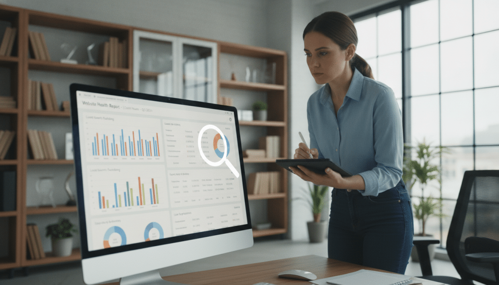 A professional workspace showcasing a detailed local SEO website health analysis. In the foreground, a computer monitor displays colorful graphs, charts, and website performance metrics, with a digital magnifying glass highlighting key data points. In the middle, a focused digital marketer, dressed in smart casual attire, observes the screen intently, taking notes on a tablet. The background features a modern office environment with bookshelves filled with marketing books and awards, bright and airy with natural light streaming through large windows, creating a productive atmosphere. The overall mood is analytical and focused, ideal for those looking to improve website SEO health. Soft focus on background details emphasizes the subject in the foreground, and the angle captures both the workspace and the marketer's concentration.
