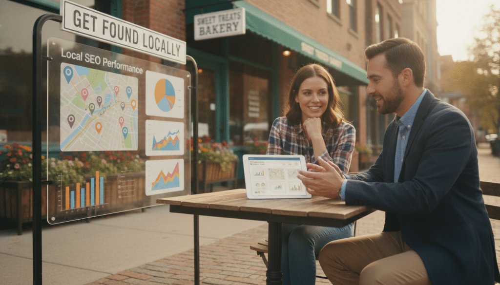 A scenic urban setting that illustrates a focused local search offer. In the foreground, a professional business consultant in smart casual attire is passionately discussing a digital tablet with a small business owner, who is nodding in agreement. In the middle ground, a display of vibrant local maps and SEO analytical graphs is visible, symbolizing targeted marketing strategies. The background features a charming local storefront with a “Get Found Locally” sign subtly positioned. The lighting is warm and inviting, suggesting a productive afternoon meeting, while a soft focus highlights the central figures, lending an atmosphere of collaboration and growth. The angle is slightly elevated, capturing both the human interactions and the illustrative elements effectively.