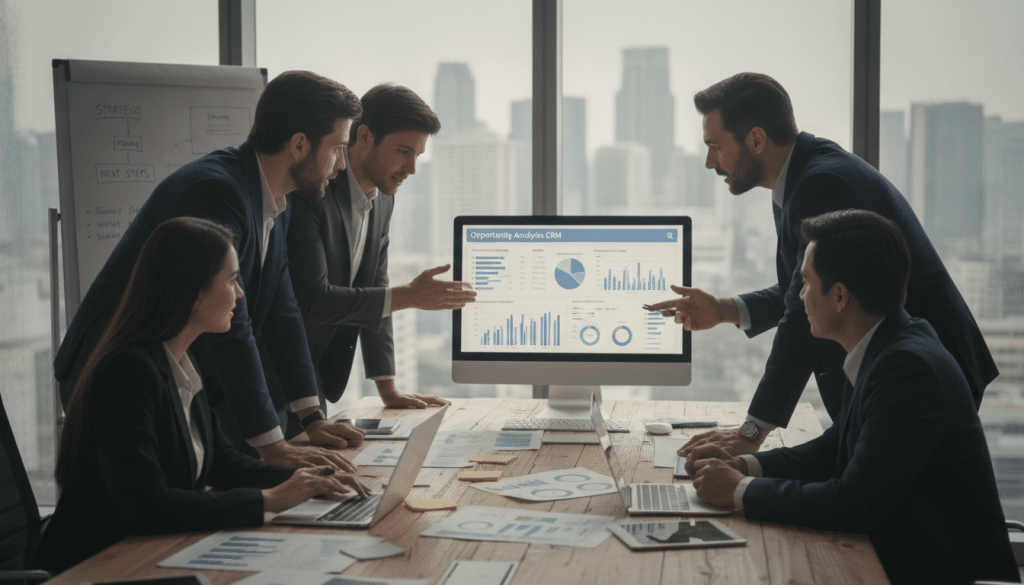 A sleek and modern office environment showcasing an "Opportunity Analysis CRM" dashboard on a large computer screen. In the foreground, a diverse group of professionals, dressed in business attire, gathered around a table, actively discussing insights extracted from competitive SEO analysis. The mid-ground features a stylish desk cluttered with charts, graphs, and analytical reports, highlighting key metrics and growth opportunities. In the background, large windows reveal a city skyline, drenched in natural light, creating a bright and inviting atmosphere. The scene is captured using a shallow depth of field, focusing on the engaging interaction of the team, while soft ambient lighting enhances the professional mood. The overall image conveys collaboration, analytical thinking, and strategic planning in the context of opportunity analysis.