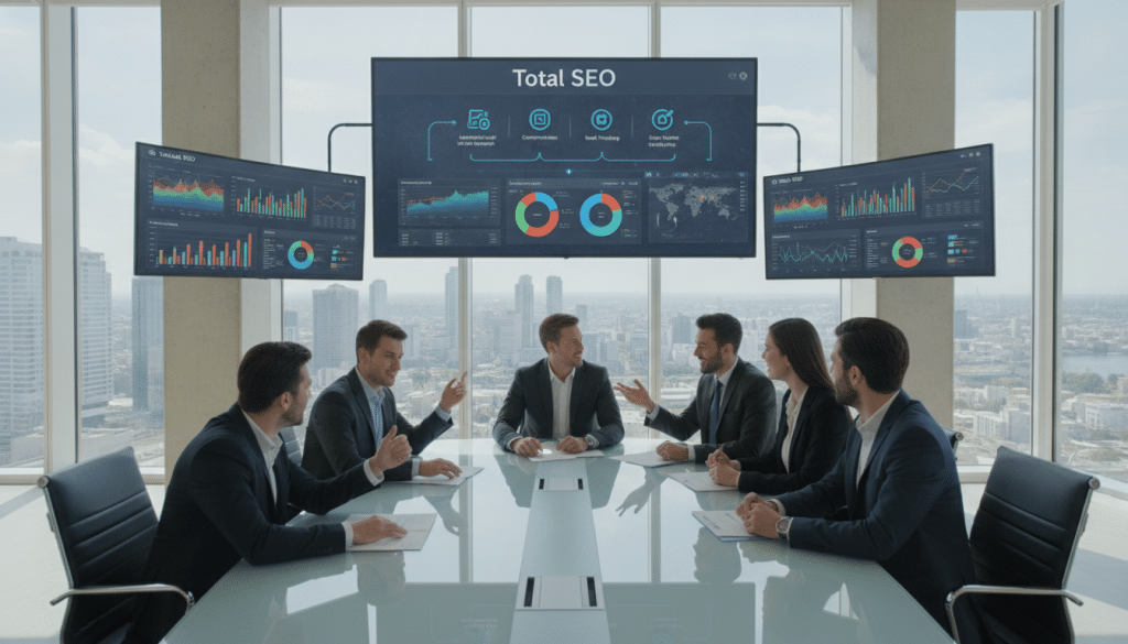 A sleek, modern office environment filled with high-tech monitors displaying vibrant graphs and local SEO analytics. In the foreground, a diverse team of professionals in business attire collaborates around a stylish conference table, showcasing excitement and focus. The middle ground features a large digital screen illustrating the interface of an advanced SEO prospecting software labeled "Total SEO," highlighting automated features with eye-catching icons. The background reveals a panoramic city view through large windows, bathed in natural daylight, creating an energizing atmosphere. The scene captures a sense of innovation and efficiency, emphasizing collaboration and cutting-edge technology in the realm of local SEO lead generation. The image is crisp, with bright lighting and a wide-angle lens effect, all elements contributing to a professional and inspiring mood.