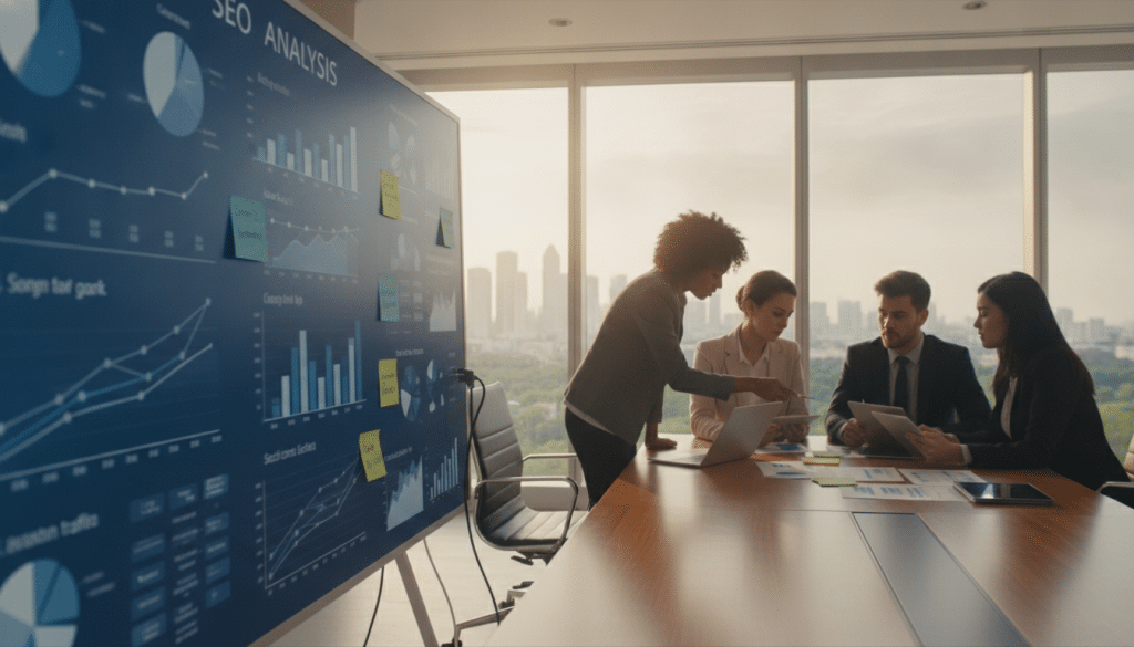 A sophisticated workspace featuring a detailed SEO analysis board prominently in the foreground, showcasing graphs, charts, and colorful sticky notes illustrating targeted SEO strategies. In the middle ground, a diverse group of four professionals in business attire actively engaged in discussion, analyzing data on laptops and tablets. The background reveals a sleek office environment with a large window letting in warm natural light, casting soft shadows that create a focused yet inviting atmosphere. The overall mood should evoke collaboration and strategic thinking, with a color palette of blues and greens to convey professionalism and growth opportunities. The composition should be wide-angle, capturing both the team interaction and the tools of their SEO work.