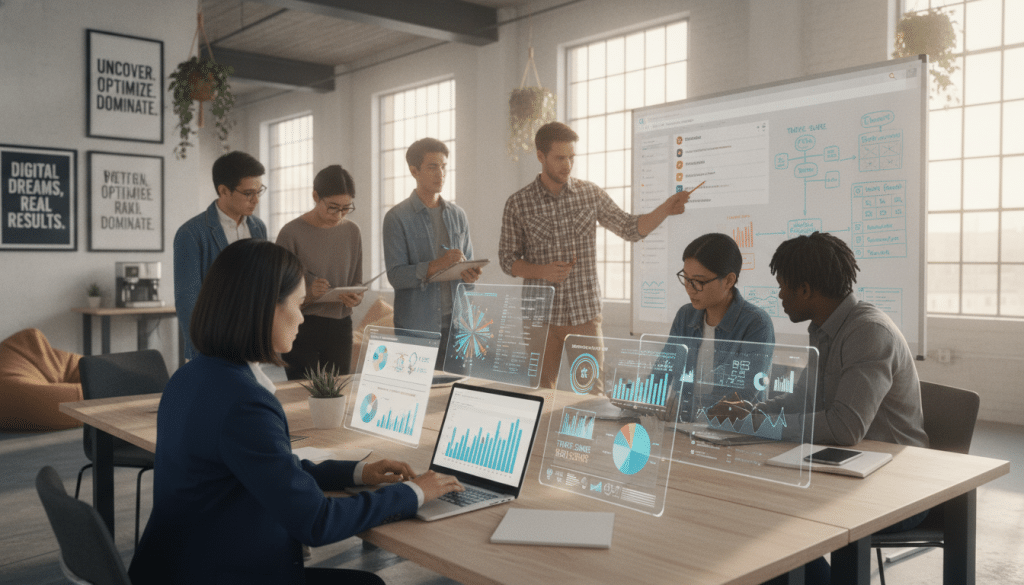 A vibrant office workspace featuring a diverse group of professionals engaged in competitor research for SEO opportunities. In the foreground, a focused woman in business attire analyzes data on a laptop, surrounded by colorful graphs and digital insights displayed on nearby screens. In the middle, a man in smart casual clothing points to a large board filled with competitor analysis charts, while a diverse group of colleagues takes notes. The background showcases a bright and modern office with motivational posters related to digital marketing. Soft, natural lighting filters through large windows, creating an inspiring and collaborative atmosphere. The angle captures the team’s concentration and interaction, highlighting the importance of teamwork in uncovering search visibility opportunities.