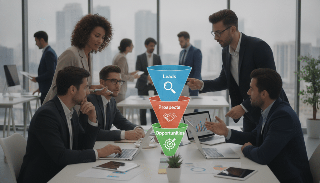 A vibrant, visually engaging sales funnel chart illustrating the progression from leads to prospects to opportunities. In the foreground, show a three-tiered funnel with clear labels for each stage: "Leads," "Prospects," and "Opportunities," designed with distinct colors and icons representing each stage (like magnifying glasses for leads, handshake icons for prospects, and target symbols for opportunities). The middle section features a professional team of diverse individuals in business attire discussing strategies, analyzing data on laptops, and pointing at the funnel. In the background, depict a modern office environment with large windows, soft natural light streaming in, and bustling activity, conveying a sense of collaboration and dynamic energy. Use a slightly blurred depth of field to focus on the funnel and professionals. The overall mood should be optimistic and focused, reflecting the pursuit of business growth.
