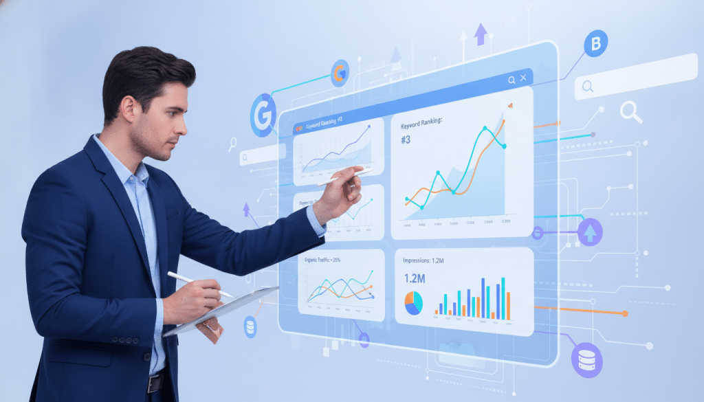 A visually engaging digital illustration depicting search results signals for SEO opportunities. In the foreground, a computer screen displays multiple tabs open with colorful graphs and analytics metrics, showcasing keyword rankings and website traffic data. In the middle, a professional-looking individual in business attire analyzes the data, pointing at the screen while taking notes. The background features abstract representations of search engines and algorithm patterns, filled with floating icons symbolizing analytics, search bars, and magnifying glasses. The lighting is bright and modern, suggesting a tech-savvy atmosphere, with a focus on clarity and emphasis on the data being reviewed. The overall mood is focused and analytical, conveying a sense of discovery and insight into SEO needs.
