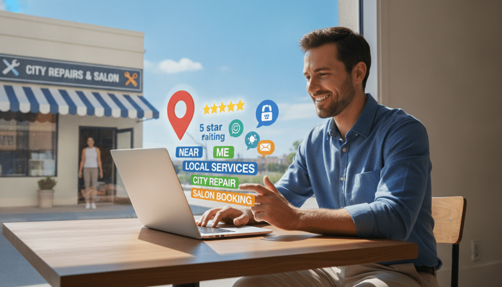 A visually engaging infographic illustrating local SEO signals for service businesses. In the foreground, depict a professional-looking business owner in a smart casual outfit, analyzing data on a laptop. In the middle ground, represent various local SEO elements like a pinned Google Maps location, star ratings, customer reviews, and relevant keywords highlighted strategically around the owner. The background should feature an urban storefront that signifies a service business, such as a salon or a repair shop, under a clear blue sky. Use bright, natural lighting to create a cheerful, optimistic atmosphere, emphasizing growth and community connection. The angle should be slightly elevated, showcasing both the business environment and the digital elements, ensuring a modern and informative look without any text or distractions.
