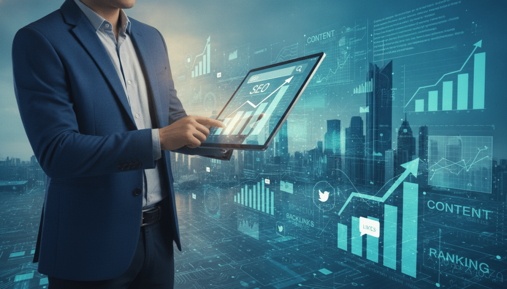 A visually engaging representation of SEO qualification signals, featuring a digital landscape filled with diverse graphs and analytics indicators. In the foreground, a confident business professional dressed in smart casual attire, analyzing data on a large tablet. The middle ground showcases floating elements like upward trending graphs, keywords, and social media icons, symbolizing essential SEO metrics. In the background, a futuristic city skyline illuminated by soft blue and green lighting, creating a tech-savvy atmosphere. The scene is bathed in warm light, suggesting innovation and opportunity. The perspective is slightly angled from above, emphasizing the dynamic interaction between the business professional and the digital world of SEO.