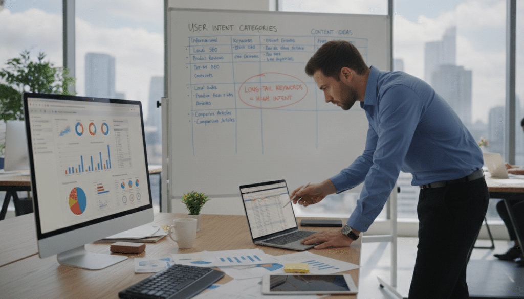 A visually engaging scene depicting a professional workspace focused on search intent analysis for SEO lead generation. In the foreground, a computer desk cluttered with SEO tools, charts, and graphs illustrating search intent metrics. A business professional in smart attire is analyzing data on a laptop screen, showing a thoughtful expression. In the middle ground, a large whiteboard filled with keywords, user intent categories, and analytical notes. The background features a modern office space with large windows allowing natural light to stream in, creating a bright and motivating atmosphere. The overall mood is focused and analytical, highlighting the importance of understanding search intent in optimizing lead generation strategies.