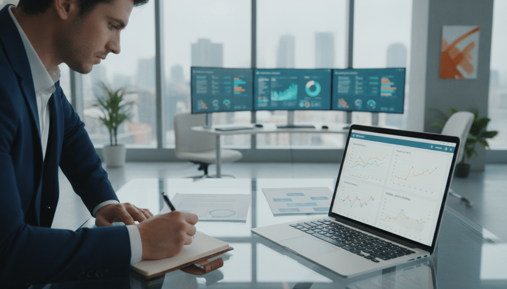A visually striking comparison of SEO platforms in a modern digital workspace. In the foreground, a sleek laptop with an open screen displays a vibrant, interactive graph comparing SEO metrics. To the left, a professional wearing business attire is analyzing the data, taking notes. In the middle ground, a semi-transparent glass table features printed charts and bullet points highlighting the differences between SEO prospecting tools and general SEO platforms. In the background, a panoramic view of a bright, contemporary office with large windows letting in natural light, and high-tech monitors showing various SEO dashboards. The atmosphere is focused and dynamic, with a harmonious blend of cool blue and warm orange tones creating an engaging environment. Use soft, diffuse lighting to emphasize clarity and productivity.