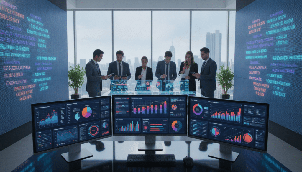 A visually striking illustration of an automated SEO prospecting system. In the foreground, a sleek computer workstation displays analytical dashboards with colorful graphs and metrics, emphasizing SEO data. In the middle ground, a diverse group of professional individuals in business attire collaborates, analyzing trends on digital devices and discussing strategies. The background features large, illuminated screens showcasing keywords and ranking data, enveloped in a modern office environment with glass walls and bright natural light streaming in. The atmosphere is dynamic and focused, portraying innovation and teamwork in digital marketing. Use a wide-angle lens to capture the entire scene, ensuring vivid details and clarity.