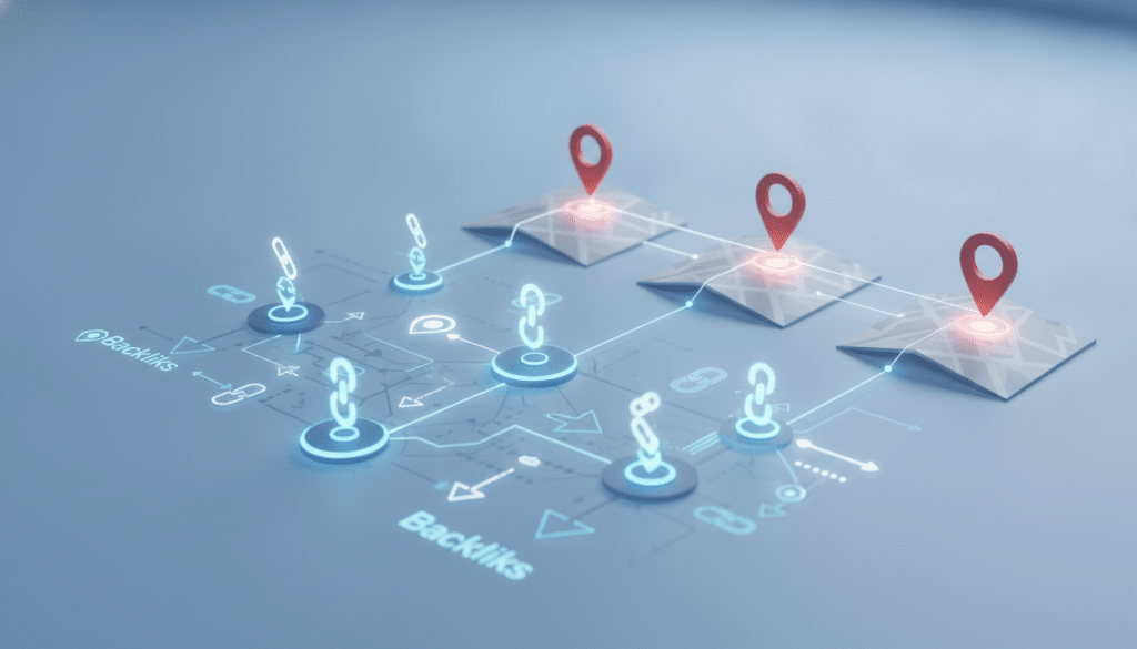 A visually striking infographic-style image showcasing the concept of backlinks and citations in the realm of local SEO. In the foreground, a stylized digital representation of interconnected nodes and arrows, symbolizing backlinks, with icons of chains and links. The middle ground features a series of maps and location pins to illustrate local citations, each connected by thin lines to emphasize relationships. The background should be a soft gradient of blue and white, evoking a professional and digital atmosphere. Dim, ambient lighting highlights the connections, while a slight perspective angle gives depth. The overall mood is analytical and insightful, perfect for conveying the importance of comparing off-site signals in SEO analysis. No text or branding is included, maintaining focus on the visual elements.