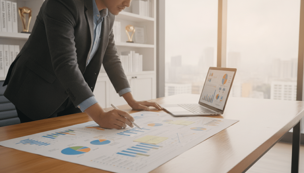 A well-organized office space showcasing a large document spread across a polished wooden desk, filled with colorful graphs, charts, and notes illustrating SEO metrics and lead qualifications. In the foreground, a professional individual in business attire analyzes the documents, using a laptop to draw insights. The middle ground features shelves filled with marketing books and industry awards, emphasizing expertise. The background displays a large window allowing natural light to flood the room, creating an inviting atmosphere. The scene is captured with a warm color palette, soft focus on the background, and a shallow depth of field to highlight the subject’s concentration. The mood is focused, professional, and motivating, perfect for illustrating the process of qualifying SEO leads.