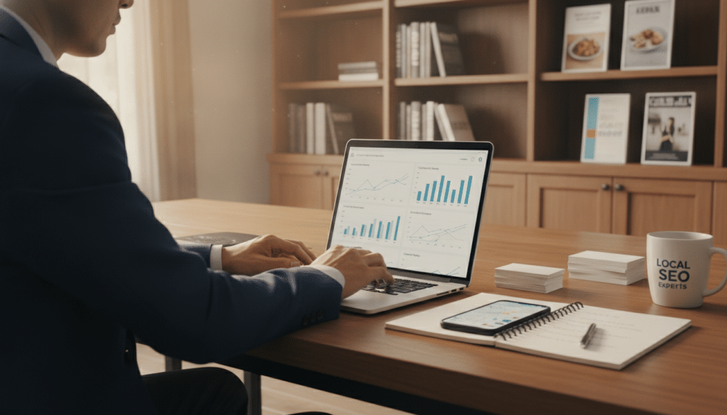 A well-organized workspace featuring a professional businessperson in smart attire, analyzing data on a laptop. The foreground shows a close-up of the screen displaying graphs and metrics related to local SEO performance, while the middle ground includes a notebook with handwritten notes and a smartphone with a map app open. In the background, shelves filled with SEO books and local business brochures create a scholarly environment. Soft, natural lighting filters in from a nearby window, casting a warm glow that adds an inviting atmosphere. The image focuses on clarity, with a perspective that emphasizes the importance of preparation and organization before contacting businesses for local SEO leads.