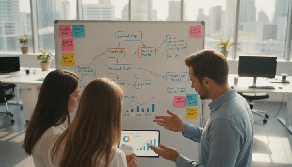 An analytical workspace depicting a clear SEO opportunity analysis. In the foreground, a diverse group of three professionals in business attire—one man and two women—collaborate over a digital tablet showing colorful graphs and charts. In the middle, a large whiteboard features flowcharts, highlighted keywords, and SEO metrics, with colorful sticky notes around it. In the background, a modern office setting with large windows allowing natural light to flood in, creating an inspiring atmosphere. A sense of teamwork and focus permeates the scene, suggesting a proactive approach to storytelling in SEO sales. The lighting is bright and engaging, enhancing the colors of the visuals on the tablet and whiteboard. The angle is a slight overhead view to capture both the professionals' expressions and the materials they are working with.