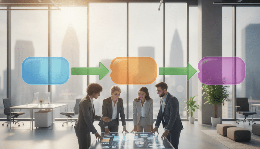 An illustrated flowchart depicting the qualification stages from Marketing Qualified Lead (MQL) to Sales Qualified Lead (SQL) and then to Sales Accepted Lead (SAL). In the foreground, the flowchart elements prominently feature each stage, using distinct colors with connecting arrows. The middle ground shows a sleek office environment with professionals in business casual attire discussing strategies, symbolizing teamwork. The background consists of a blurred modern office space with glass windows, allowing for natural light to pour in. The lighting is bright and inviting, creating a motivational atmosphere. The image should feel dynamic and informative, emphasizing clarity and progression in the lead qualification process without any text or labels.